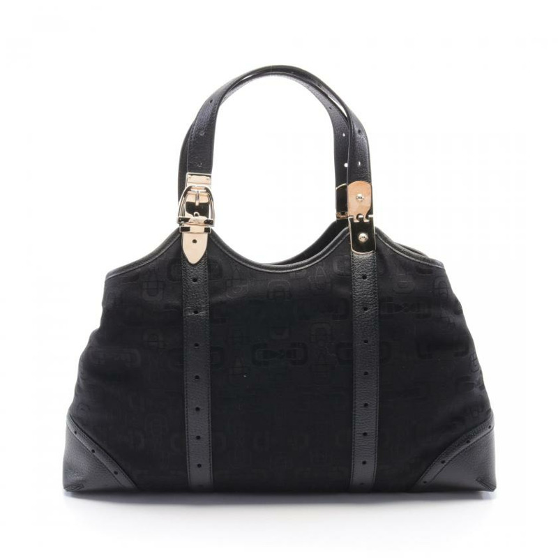 【日本直送】 中古GUCCI[AB]Horse Bit前扣 帆布手提包 真皮 黑色-0