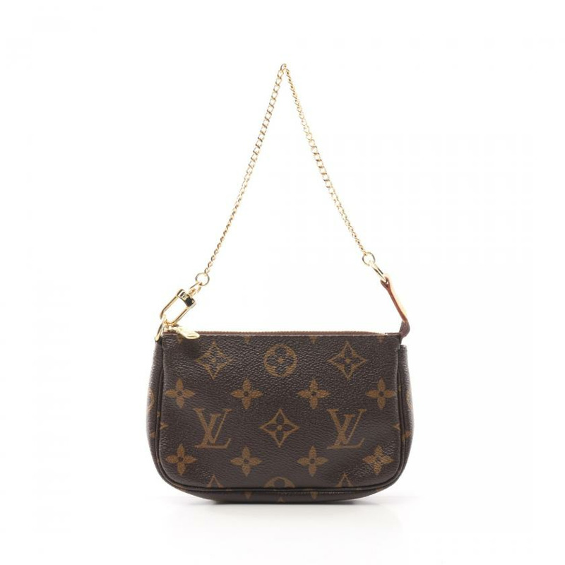 【日本直送】 中古LOUIS VUITTON[AB]迷你 Pochette Accessoires  老花 鏈條手提包 PVC 真皮 棕色-0