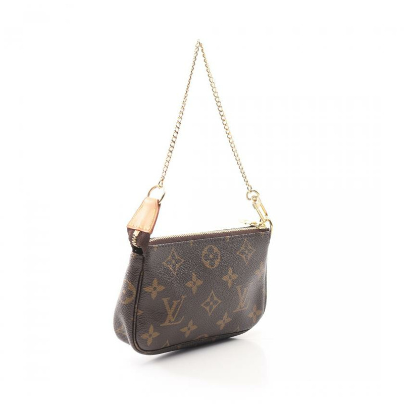 【日本直送】 中古LOUIS VUITTON[AB]迷你 Pochette Accessoires  老花 鏈條手提包 PVC 真皮 棕色-1