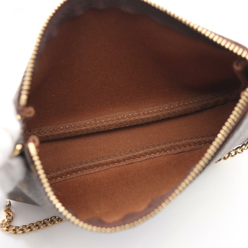 【日本直送】 中古LOUIS VUITTON[AB]迷你 Pochette Accessoires  老花 鏈條手提包 PVC 真皮 棕色-2