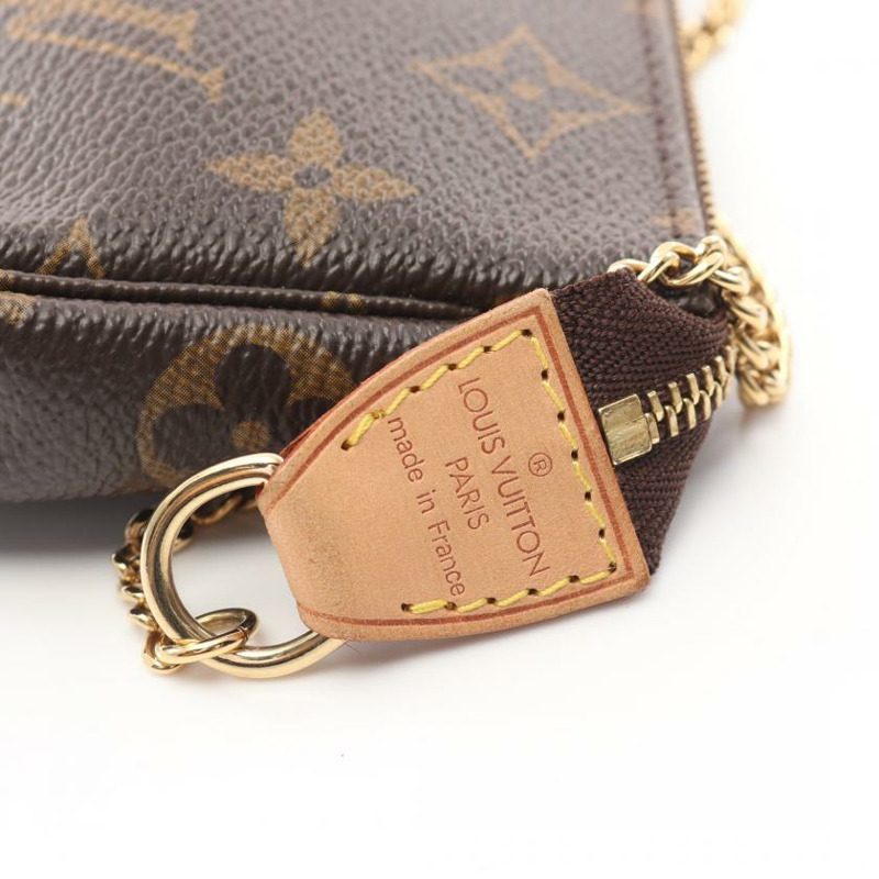 【日本直送】 中古LOUIS VUITTON[AB]迷你 Pochette Accessoires  老花 鏈條手提包 PVC 真皮 棕色-3