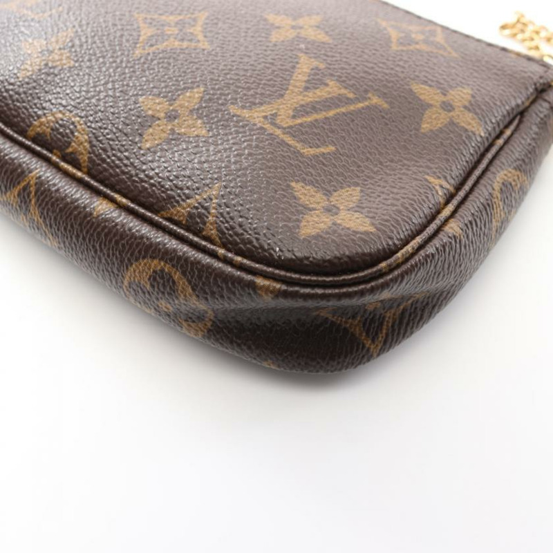 【日本直送】 中古LOUIS VUITTON[AB]迷你 Pochette Accessoires  老花 鏈條手提包 PVC 真皮 棕色-4