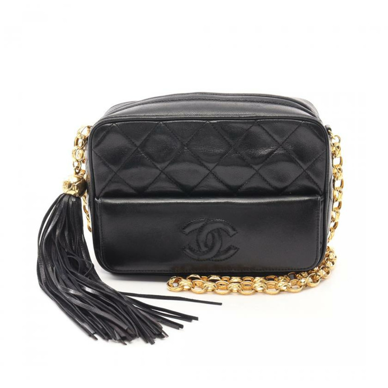 【日本直送】 中古CHANEL[B]菱格紋 鏈條肩包 小羊皮 黑色 金色五金 流蘇-0