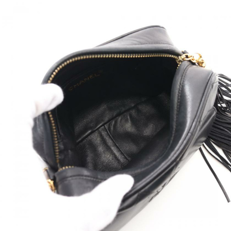 【日本直送】 中古CHANEL[B]菱格紋 鏈條肩包 小羊皮 黑色 金色五金 流蘇-2