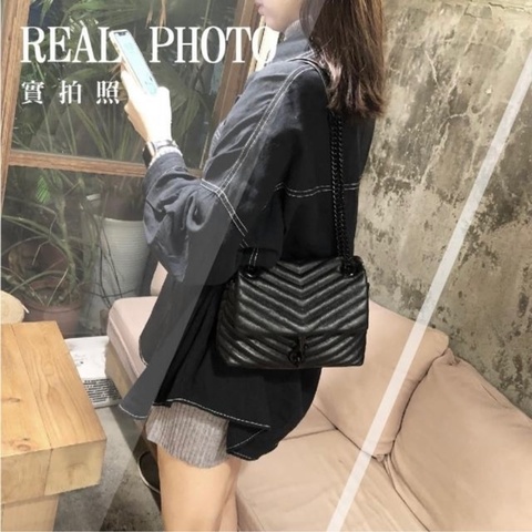 【Rebecca minkoff】EDIE CROSSBODY MINI山形紋真皮 經典雙鍊肩包(斜背/側背包)