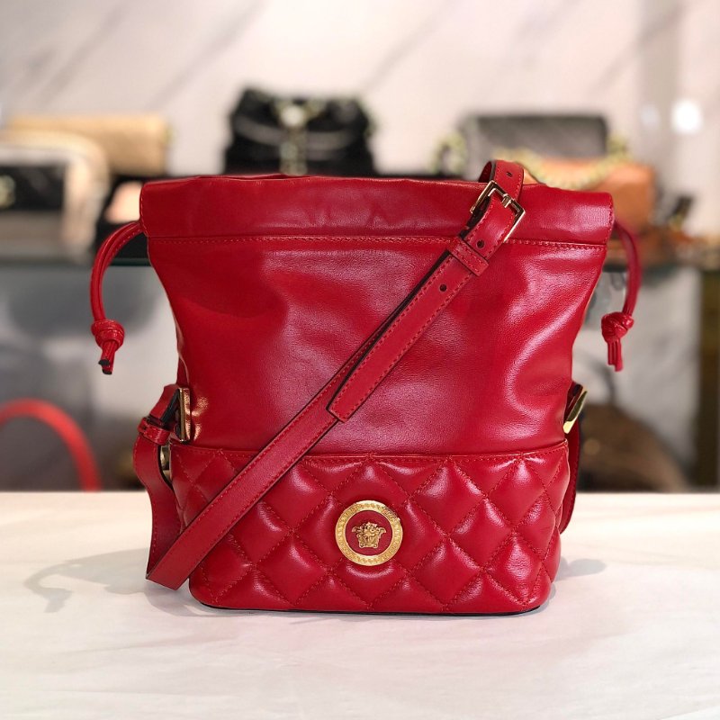 VERSACE 凡賽斯 牛皮菱紋水桶包 紅色 展示商品-0