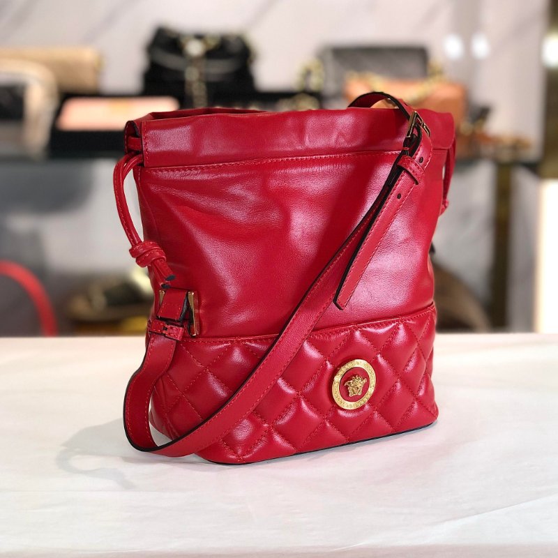VERSACE 凡賽斯 牛皮菱紋水桶包 紅色 展示商品-1
