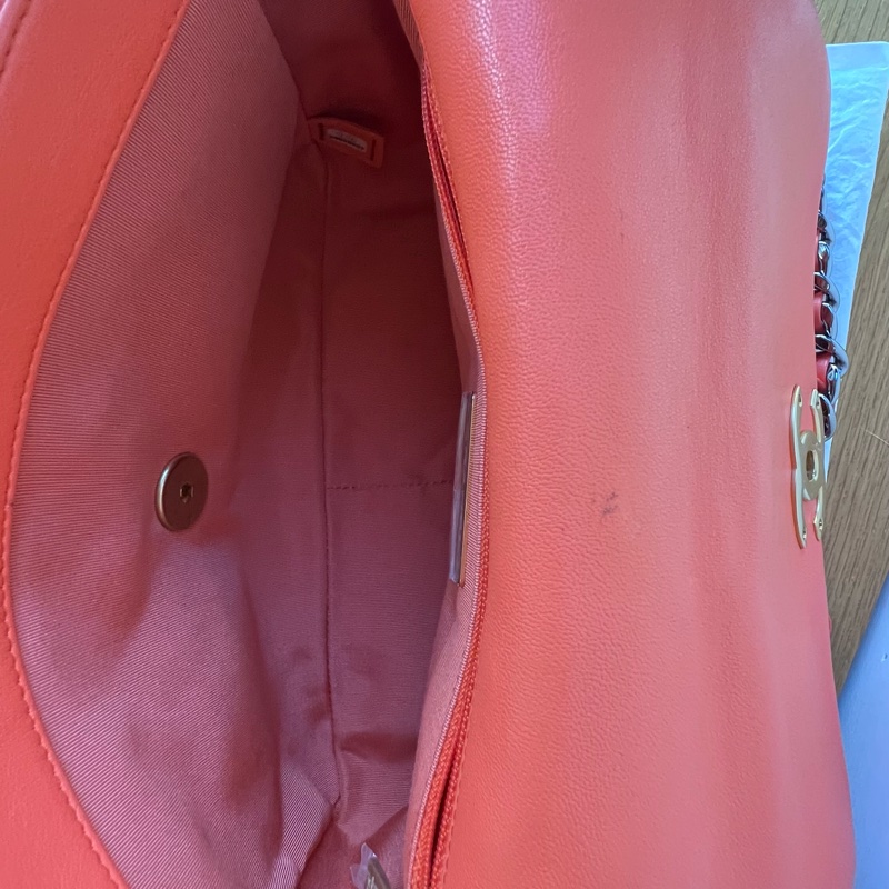 已賣出勿下標-紀念用 -香奈兒Chanel 19橘色羊皮金色書包扣 鏈帶肩背斜背手提多用包-4