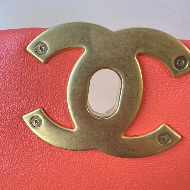 已賣出勿下標-紀念用 -香奈兒Chanel 19橘色羊皮金色書包扣 鏈帶肩背斜背手提多用包-7