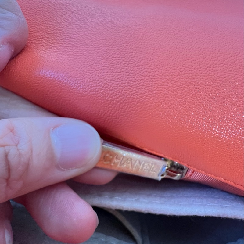 已賣出勿下標-紀念用 -香奈兒Chanel 19橘色羊皮金色書包扣 鏈帶肩背斜背手提多用包-9