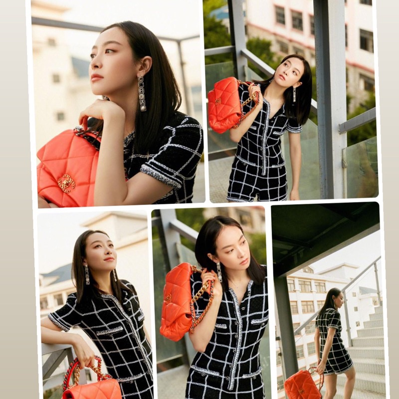 已賣出勿下標-紀念用 -香奈兒Chanel 19橘色羊皮金色書包扣 鏈帶肩背斜背手提多用包-12