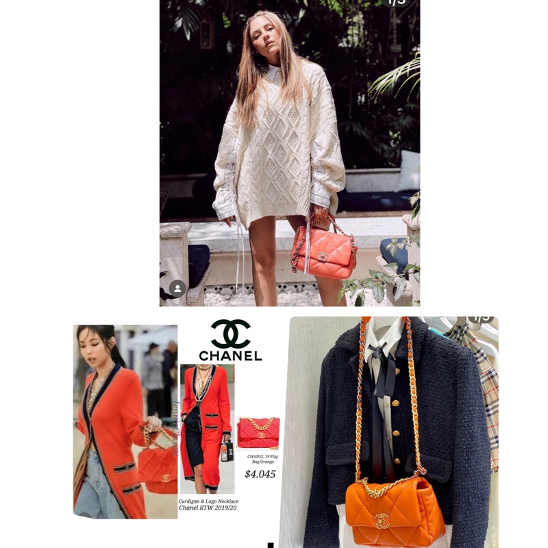 已賣出勿下標-紀念用 -香奈兒Chanel 19橘色羊皮金色書包扣 鏈帶肩背斜背手提多用包-16