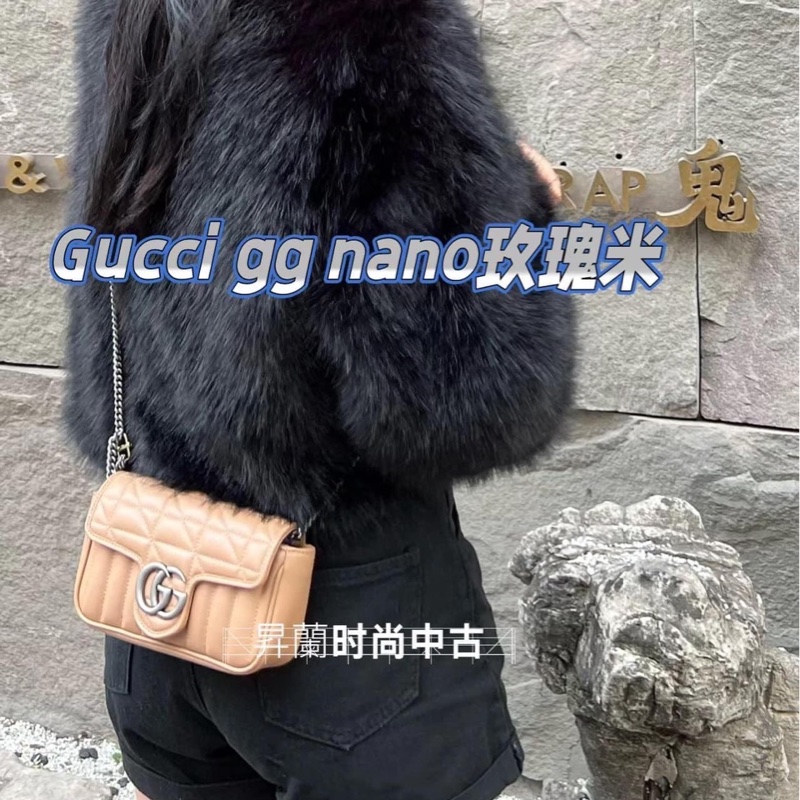 GUCCI 古馳  476433  💖新款GG Marmont絎縫系列銀釦MINI款手拿/腰包/肩背/斜背包(玫瑰米色）-1