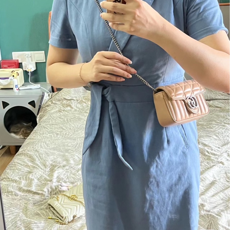 GUCCI 古馳  476433  💖新款GG Marmont絎縫系列銀釦MINI款手拿/腰包/肩背/斜背包(玫瑰米色）-21