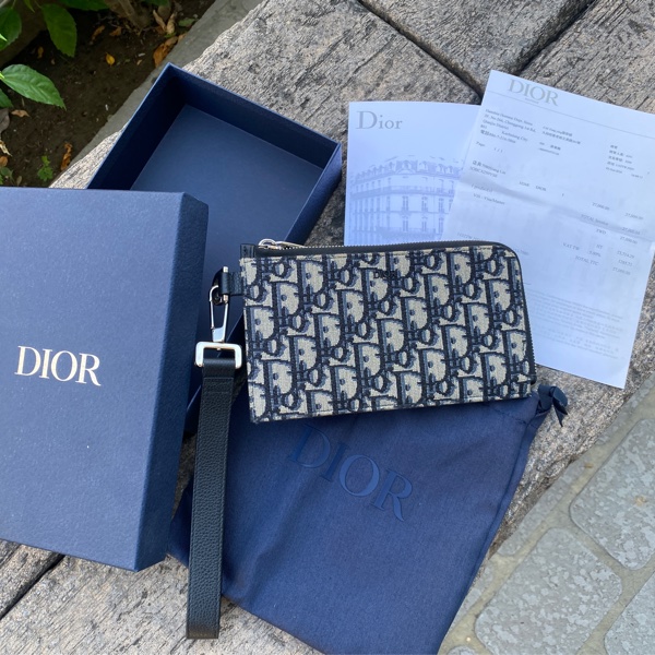 近新DIOR黑色老花logo拉鍊L型手拿長夾手拿包-0