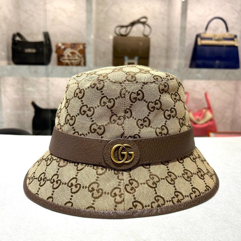 GUCCI 經典雙G LOGO老花百搭漁夫帽/咖-0
