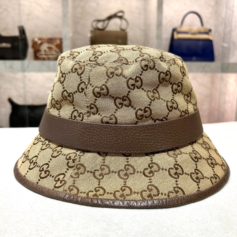 GUCCI 經典雙G LOGO老花百搭漁夫帽/咖-1