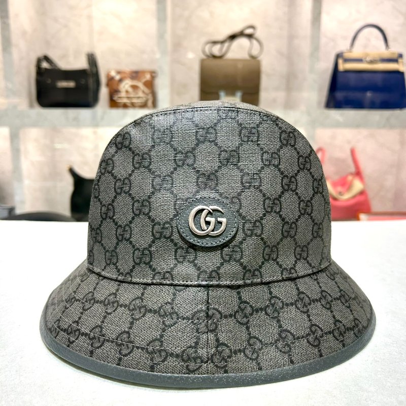 GUCCI 側邊銀雙G LOGO老花漁夫帽/灰-0