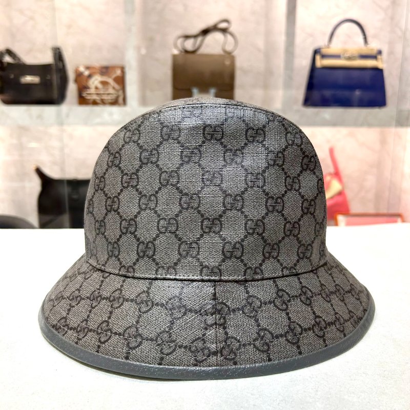 GUCCI 側邊銀雙G LOGO老花漁夫帽/灰-1