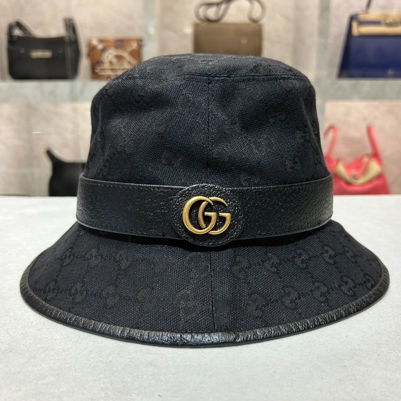 GUCCI 經典雙G LOGO老花百搭漁夫帽/黑-0