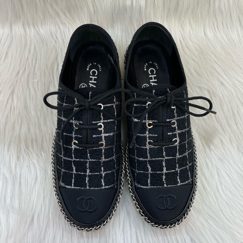 Chanel G36140 黑銀菱格毛呢皮穿鏈飾邊草編鞋 36號-4
