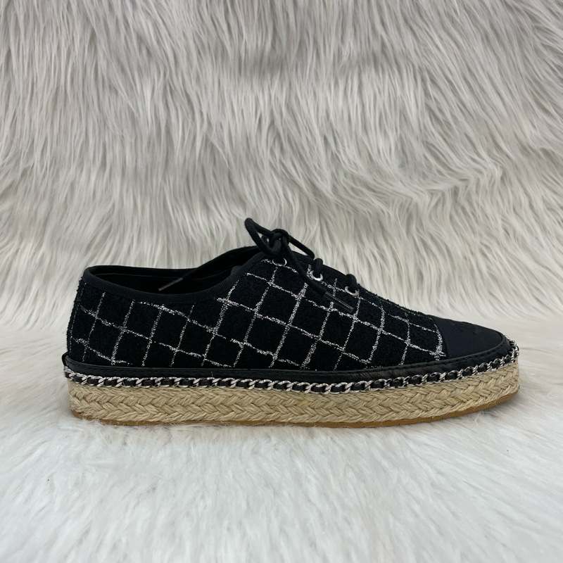 Chanel G36140 黑銀菱格毛呢皮穿鏈飾邊草編鞋 36號-5