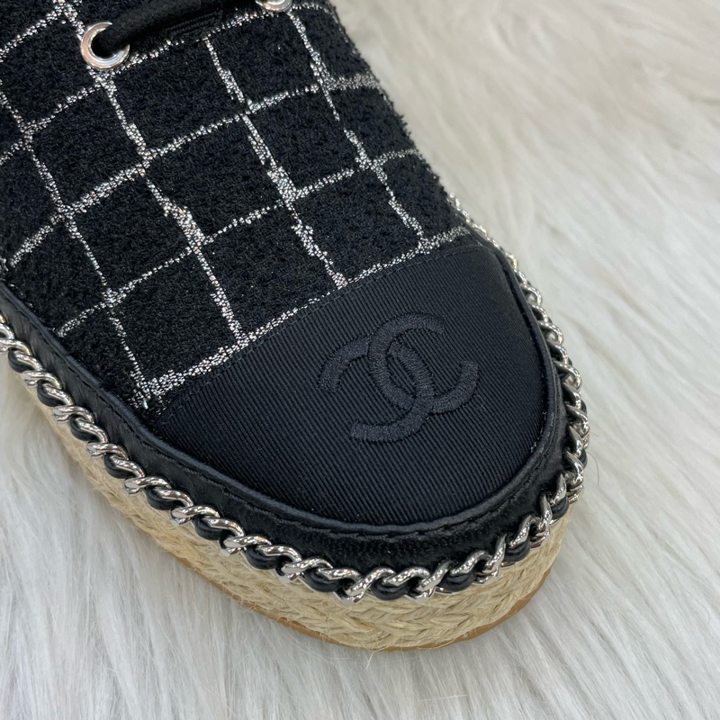 Chanel G36140 黑銀菱格毛呢皮穿鏈飾邊草編鞋 36號-7