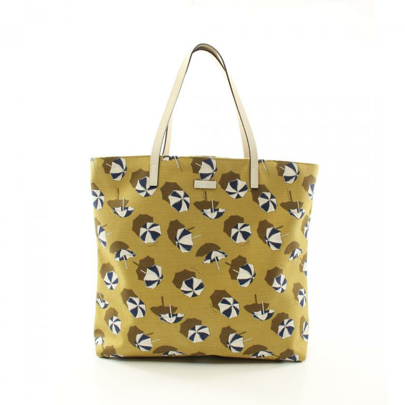 【日本直送】 中古GUCCI[B]手提包 托特包 遮陽傘圖案 帆布 真皮 黃綠色 米白色 多彩色-0