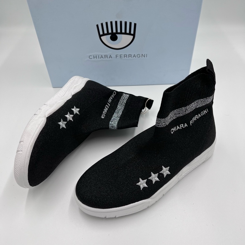CHIARA FERRAGNI經典黑色字母銀色金蔥刺繡星星休閒帆布鞋/運動襪靴 海外限定款-0