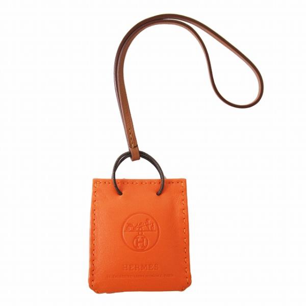 愛馬仕Hermes 超可愛橘色紙袋手提袋造形皮革吊飾-0