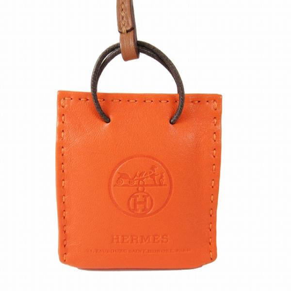 愛馬仕Hermes 超可愛橘色紙袋手提袋造形皮革吊飾-1