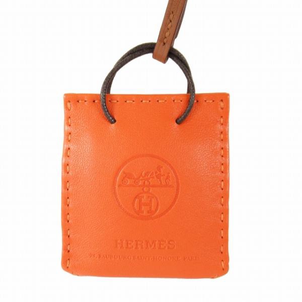 愛馬仕Hermes 超可愛橘色紙袋手提袋造形皮革吊飾-3
