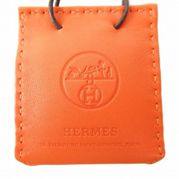 愛馬仕Hermes 超可愛橘色紙袋手提袋造形皮革吊飾-4