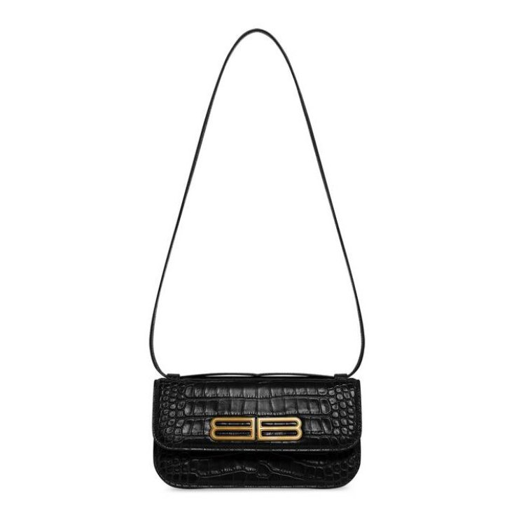 【預購】BALENCIAGA 巴黎世家 Gossip 金扣黑色經典鱷魚紋牛皮翻蓋斜肩背包-6