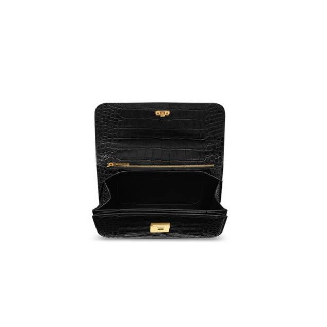 【預購】BALENCIAGA 巴黎世家 Gossip 金扣黑色經典鱷魚紋牛皮翻蓋斜肩背包-7