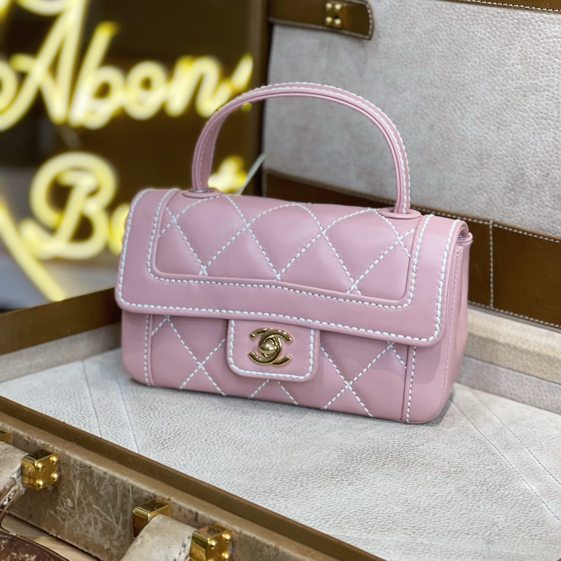 CHANEL vintage coco金釦粉色外縫線小手提💛近全新古董品-0