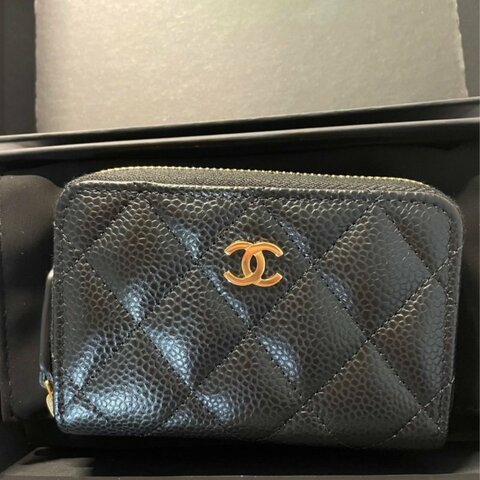 【台灣現貨】Chanel 香奈兒 CF 經典牛皮黑色金扣拉鍊零錢包/卡包