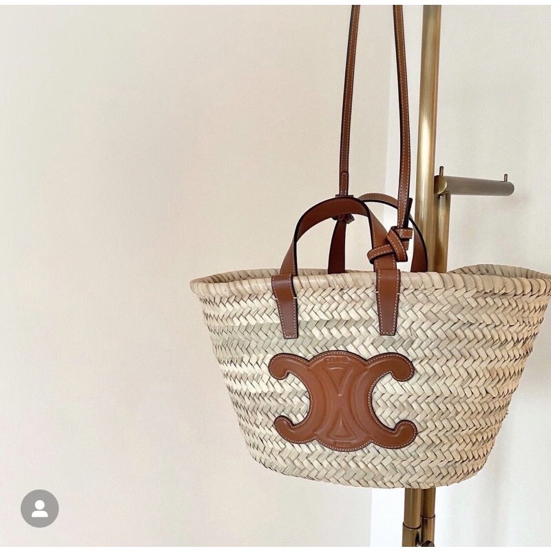 正品現貨在台棕櫚葉及層壓小牛皮TEEN TRIOMPHE CELINE CLASSIC PANIER手袋草編包編織包草包-0