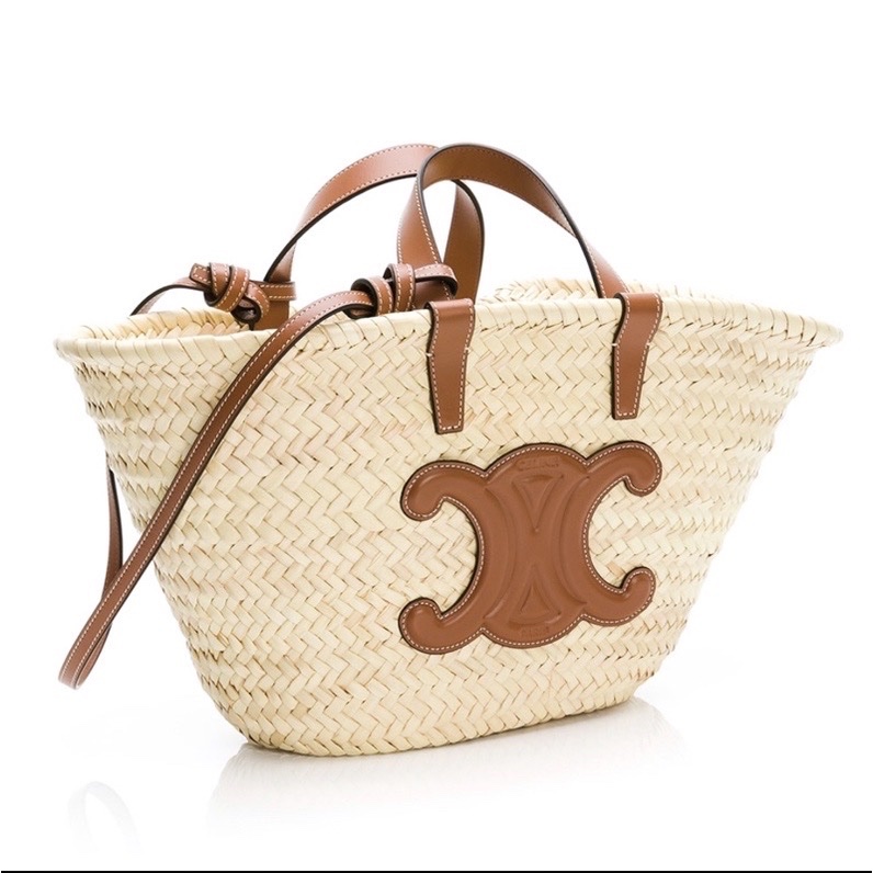 正品現貨在台棕櫚葉及層壓小牛皮TEEN TRIOMPHE CELINE CLASSIC PANIER手袋草編包編織包草包-1