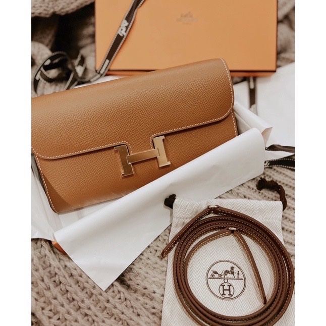 附購證正本Y刻愛馬仕Hermes Constance to go 康康WOC金金棕焦糖金釦-0