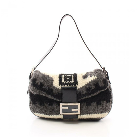 【日本直送】 中古FENDI[B]mamma bucket 手包 針織 皮革 灰色 黑色 白色