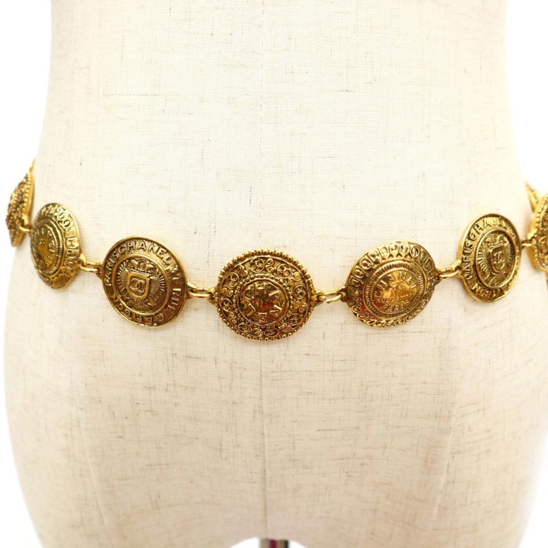 Chanel vintage香奈兒復古早期圓形盾牌造型圖騰字母雕刻cc立體標誌金黃色古董腰鍊 腰鏈 腰帶-1