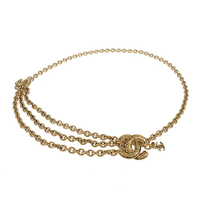 Chanel vintage香奈兒復古超美明星款中性款經典款菱格紋cc標誌金色古董腰鍊 腰鏈 腰帶-1