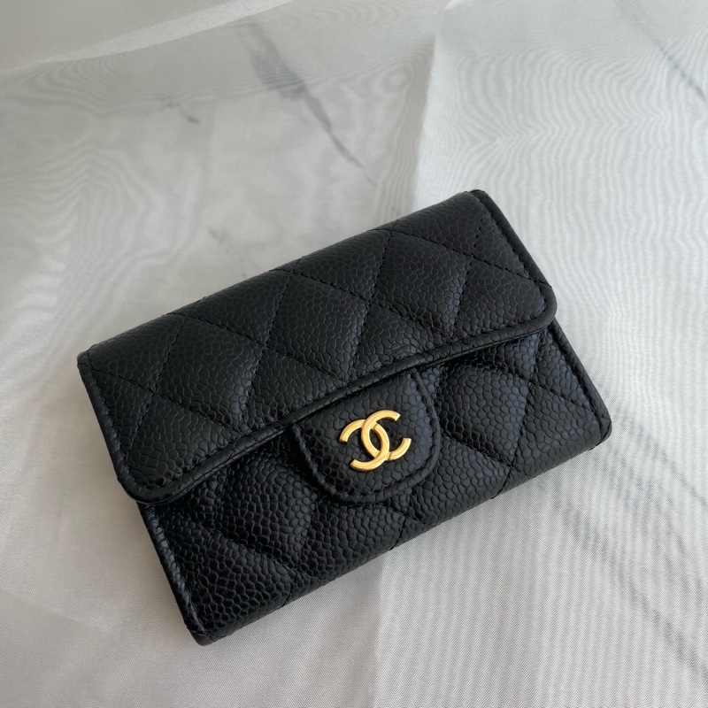 Chanel 黑荔枝皮金雙C單層 釦式卡包-5