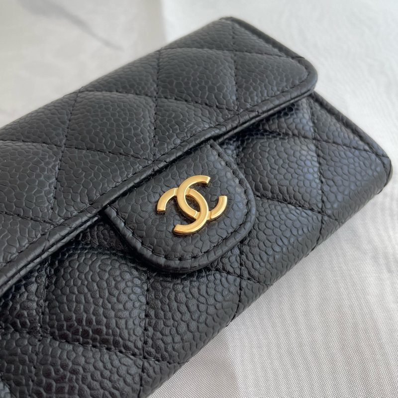 Chanel 黑荔枝皮金雙C單層 釦式卡包-6