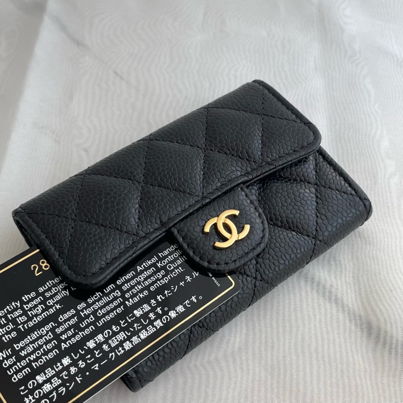 Chanel 黑荔枝皮金雙C單層 釦式卡包-21