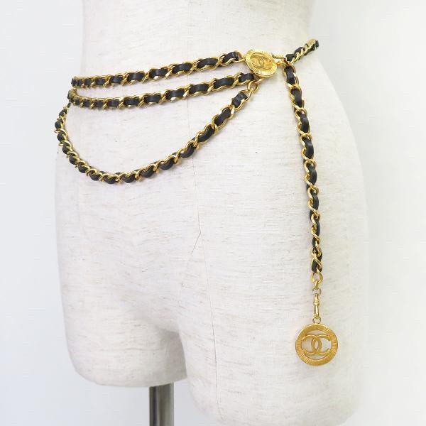 Chanel vintage香奈兒復古經典黑金1984年三層垂墜穿皮鏈條cc標誌腰鍊 腰鏈 腰帶 皮帶-0