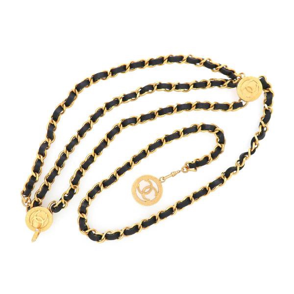 Chanel vintage香奈兒復古經典黑金1984年三層垂墜穿皮鏈條cc標誌腰鍊 腰鏈 腰帶 皮帶-1