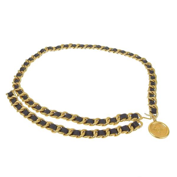 Chanel vintage香奈兒復古經典黑金雙層垂墜穿皮鏈條coco可可女士金幣造型標誌腰鍊 腰鏈 腰帶 皮帶-0