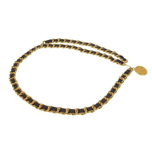 Chanel vintage香奈兒復古經典黑金雙層垂墜穿皮鏈條coco可可女士金幣造型標誌腰鍊 腰鏈 腰帶 皮帶-1